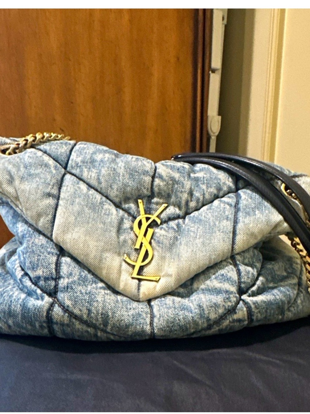 Saint Laurent Quilted Denim Shoulder Bag with Gold YSL Hardware